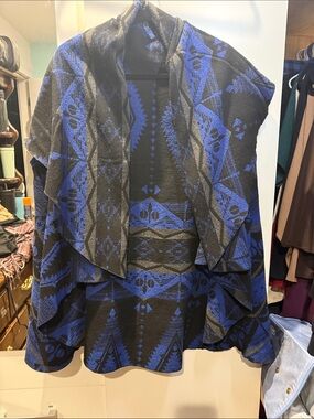 Blue & Black Geometric Open-Front Women's Jacket